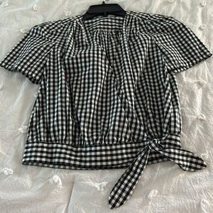 Madewell blouse, wrap-style, sz S, black/white gingham, checked small plaid Cute